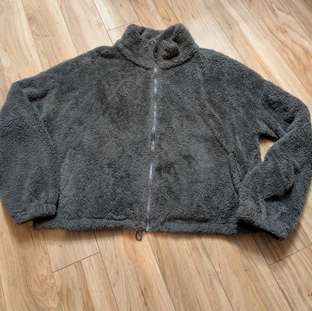 SHEIN Grey Teddy Fleece Zip Up Jacket XL Cozy Sherpa Fuzzy Coat Charcoal